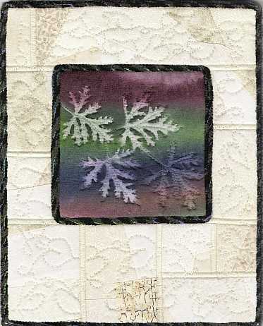 Deep Rainbow Scented Geranium with crazy patch 8x10 Mini Art Quilt, Sue Andrus Gardens